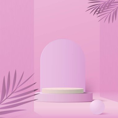3d pink color podium and minimal pink color wall scene. 3d podium minimal abstract background. Vector illustration