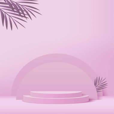 3d pink color podium and minimal pink color wall scene. 3d podium minimal abstract background. Vector illustration