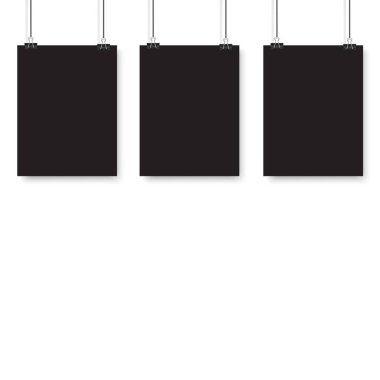Blank posters hanging on a binder clips. A4 white paper sheet hangs on a rope with clips. Vector illustration