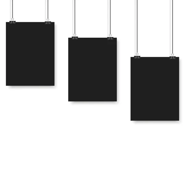 Blank Posters Hanging Binder Clips White Paper Sheet Hangs Rope — 图库矢量图片