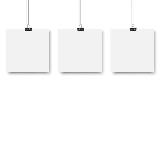 Blank Posters Hanging Binder Clips White Paper Sheet Hangs Rope — Stock Vector