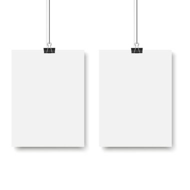 Blank posters hanging on a binder clips. White paper sheet hangs on a rope with clips. Vector illustration
