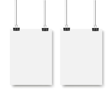 Blank posters hanging on a binder clips. White paper sheet hangs on a rope with clips. Vector illustration