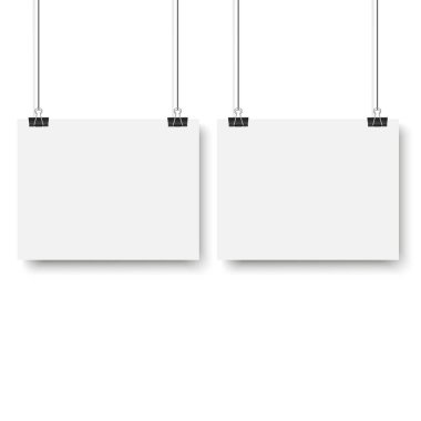 Blank posters hanging on a binder clips. White paper sheet hangs on a rope with clips. Vector illustration