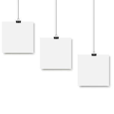Blank posters hanging on a binder clips. White paper sheet hangs on a rope with clips. Vector illustration