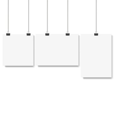 Blank posters hanging on a binder clips. White paper sheet hangs on a rope with clips. Vector illustration