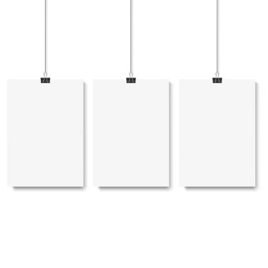 Blank posters hanging on a binder clips. White paper sheet hangs on a rope with clips. Vector illustration