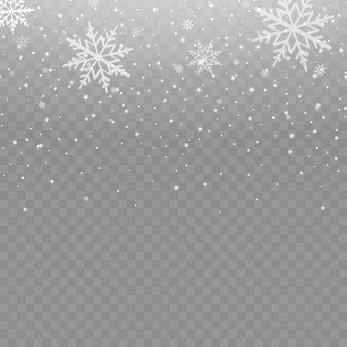 Xmas or New Year background with falling snowflakes on transparent background. Vector illustration
