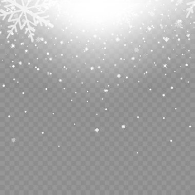 Xmas or New Year background with falling snowflakes on transparent background. Vector illustration