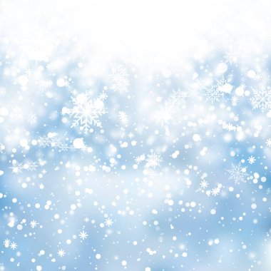 Winter snowfall and snowflakes on light blue background. Xmas and New Year background. Vector illustration