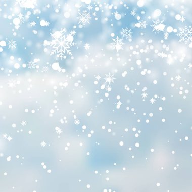 Winter snowfall and snowflakes on light blue background. Xmas and New Year background. Vector illustration