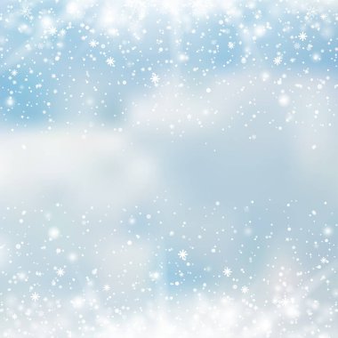 Winter snowfall and snowflakes on light blue background. Xmas and New Year background. Vector illustration