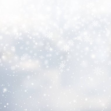 Winter snowfall and snowflakes on light blue background. Xmas and New Year background. Vector illustration