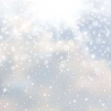Winter snowfall and snowflakes on light blue background. Xmas and New Year background. Vector illustration