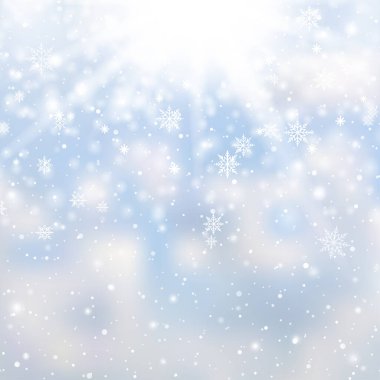 Winter snowfall and snowflakes on light blue background. Xmas and New Year background. Vector illustration