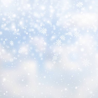 Winter snowfall and snowflakes on light blue background. Xmas and New Year background. Vector illustration