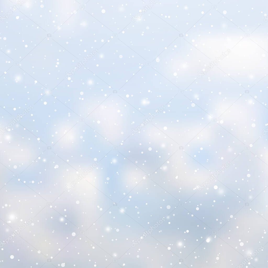 Winter snowfall and snowflakes on light blue background. Xmas and New Year background. Vector illustration