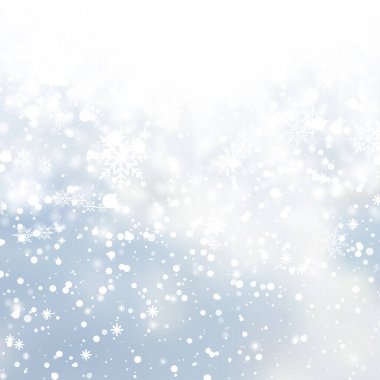 Winter snowfall and snowflakes on light blue background. Xmas and New Year background. Vector illustration