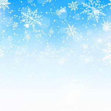 Winter snowfall and snowflakes on light blue background. Xmas and New Year background. Vector illustration