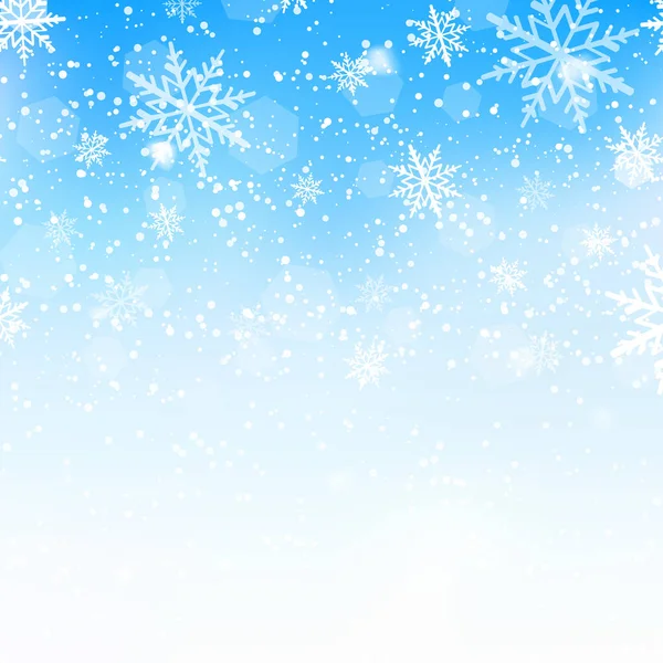 Winter snowfall and snowflakes on light blue background. Xmas and New Year background. Vector illustration