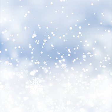 Winter snowfall and snowflakes on light blue background. Xmas and New Year background. Vector illustration