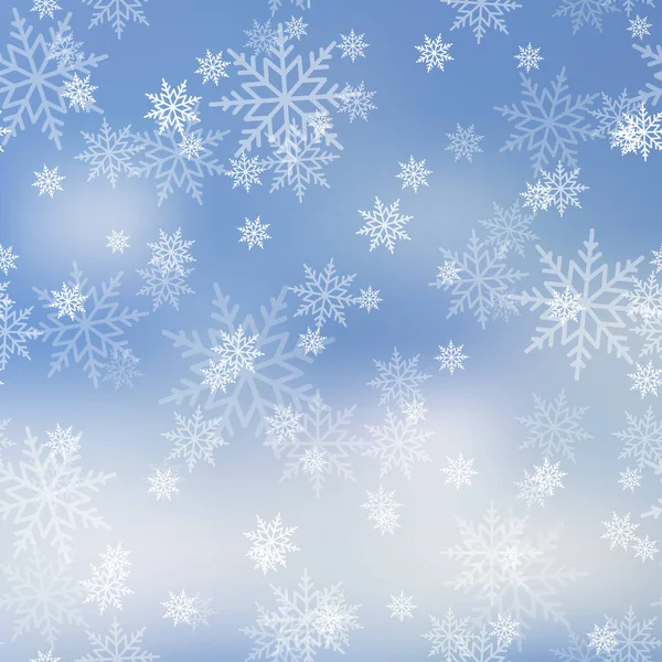 Winter Snowfall Snowflakes Light Blue Background Xmas New Year Background — Vetor de Stock