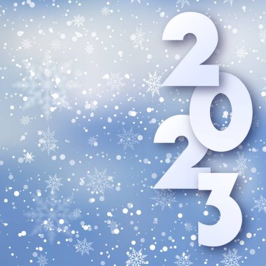 2023 mutlu yıllar ve düşen kar taneleri ve 2023 yazılı Noel kartı. Vektör illüstrasyonu