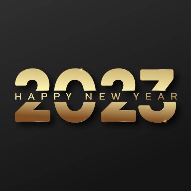 2023 Mutlu Yıllar ve altın yazılı Mutlu Noeller kartı. Vektör illüstrasyonu