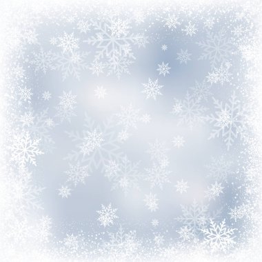 Winter snowfall and snowflakes on light blue background. Xmas and New Year background. Vector illustration
