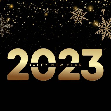 2023 Mutlu Yıllar ve Düşen Altın Kar Taneleriyle Mutlu Noeller kartı. Vektör illüstrasyonu
