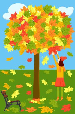 Parkta bir kız, ağaçtan güzel bir yaprak topluyor, renkli yapraklar dökülüyor, bir bankın yanına, gökteki bulutlar.