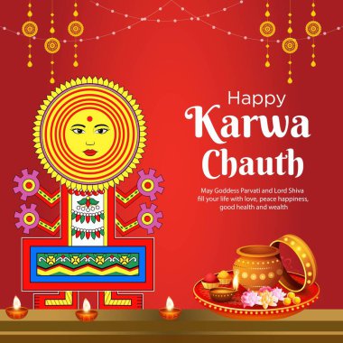 Mutlu Karwa Chauth çizgi film stili illüstrasyonunun pankart tasarımı.