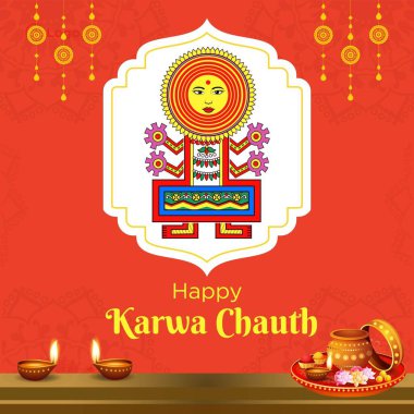 Mutlu Karwa Chauth çizgi film stili illüstrasyonunun pankart tasarımı.