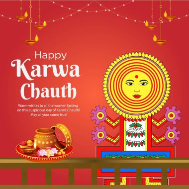 Mutlu Karwa Chauth çizgi film stili illüstrasyonunun pankart tasarımı.