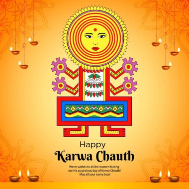 Mutlu Karwa Chauth çizgi film stili illüstrasyonunun pankart tasarımı.