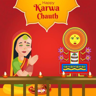 Mutlu Karwa Chauth çizgi film stili illüstrasyonunun pankart tasarımı.
