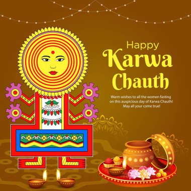 Mutlu Karwa Chauth çizgi film stili illüstrasyonunun pankart tasarımı.