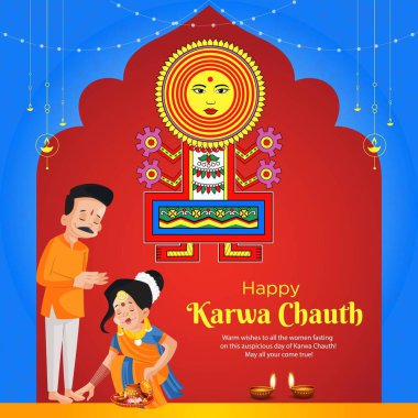 Mutlu Karwa Chauth çizgi film stili illüstrasyonunun pankart tasarımı.