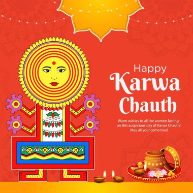 Mutlu Karwa Chauth çizgi film stili illüstrasyonunun pankart tasarımı.