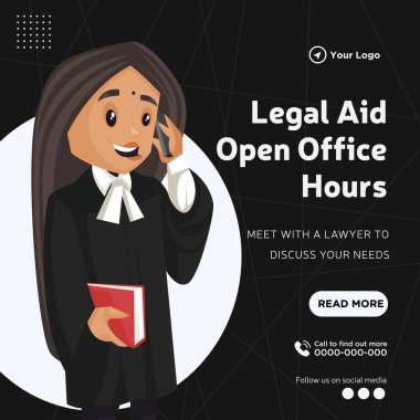 Banner design of legal aid open office hours cartoon style template.