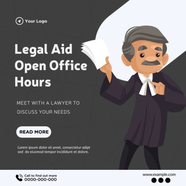 Banner design of legal aid open office hours cartoon style template.