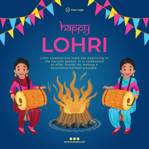 Banner Design Happy Lohri Festival Cartoon Style Template — Vettoriale Stock