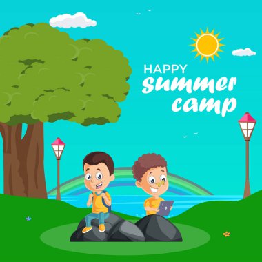 Mutlu yaz kampı afiş tasarım şablonu. 