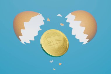 3D renging Eggs with gold tether USDT, Cryptocurrency new invest technology digital money concept design on blue background with copy space
