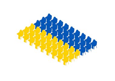 Öğrenciler 3D izometrik ikon pictogram Ukrayna ulusal bayrak deseni mavi ve sarı renk, Infographic populasyon eğitim konsepti, arkaplanda fotokopi alanı ile düz tasarım çizimi, vektör alanı