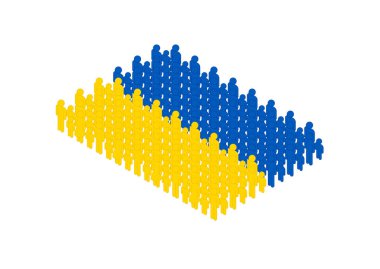 Aile halkı 3D izometrik ikon pictogram Ukrayna ulusal bayrak deseni mavi ve sarı renk, Infographic population konsepti, düz tasarım illüstrasyon kopya alanı ile izole edilmiş, vektör alanı,