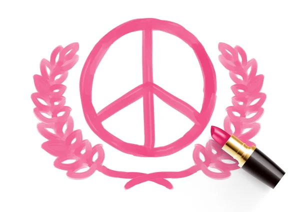 Vredespictogram Met Olijftak Patroon Tekening Door Lippenstift Roze Kleur Bidden — Stockvector