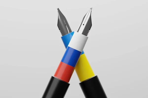 Rendering Füllfederhalter Ukraine Und Russland Flaggenmuster Farbe Diplomatie Und Presse — Stockfoto