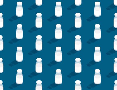 Süt şişesi 3d izometrik desen, Dünya Süt Günü 2022 konsept tasarım poster ve sosyal afiş yatay illüstrasyon mavi arkaplanda izole edilmiş, vektör 10