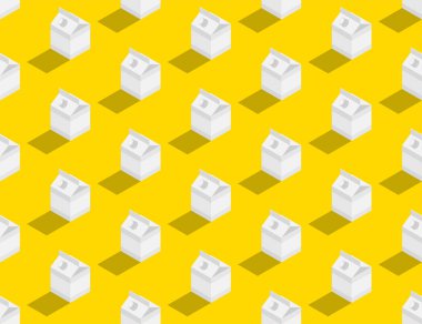 Süt kutusu 3d izometrik dikişsiz desen, Dünya Süt Günü 2022 konsept tasarım posteri ve sosyal afiş yatay illüstrasyon sarı zemin üzerinde izole edilmiş, vektör 10